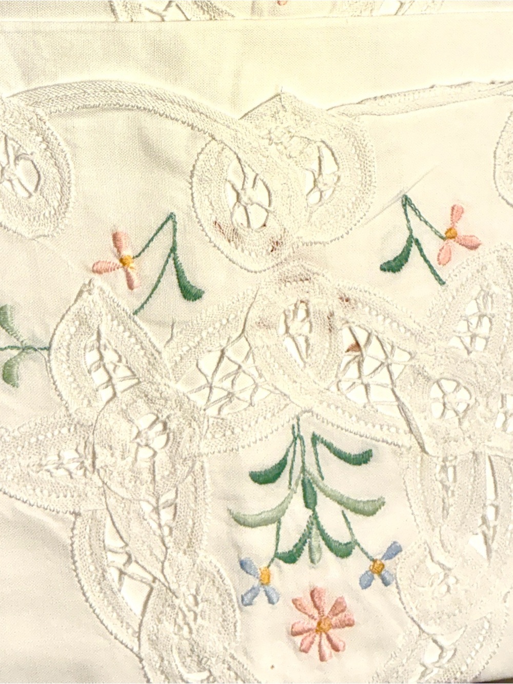 2 White Embroidered Cotton Pillow Covers with Pastel Floral Detail 20x30”